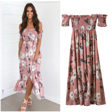 Fashion lady women maxi dress cheap pink printed floral smart maxi Casual Dresses